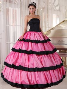 Rose Pink and Black Multi-tiered Pleated Strapless Dress for Quince