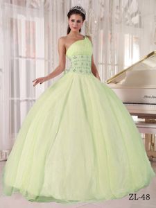 Yellow Green One Shoulder Quinceanera Gown with Beading Waist