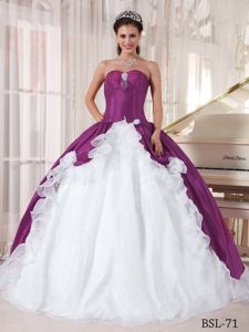 Purple and White Strapless Organza and Taffeta Quinceanera Dresses