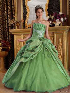 Green Taffeta Appliques Sweet Sixteen Dresses with Flower