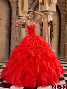 Red Ruffled Organza Beaded Sweetheart Quinceanera Dresses