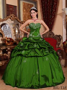 Green Taffeta Dress for Quince with Appliques and Pick Ups