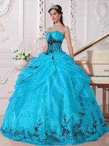 Blue Organza Dress for Quinceaneras with Black Appliques