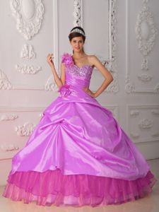 Beaded One Shoulder Taffeta and Organza Flowers Quince Dress