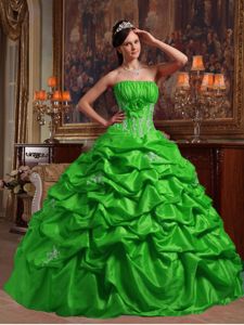 Green Taffeta Appliques Dress for Quince with Pick Ups