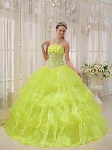 Yellow Floor-length Layered Organza Beaded Dress for Quince