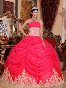 Coral Red Organza Strapless Ball Gown Sweet Sixteen Dresses