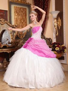 Pink and White Taffeta and Tulle Flowers Sweet 16 Dresses