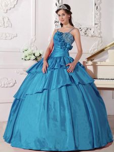 Teal Spaghetti Straps Taffeta Dress for Quince with Flowers
