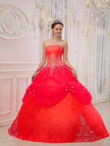 Coral Red Floor-length Sweet Sixteen Dresses with Appliques