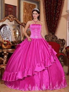 Hot Pink Taffeta Strapless Dress for Quinceanera with Embroidery