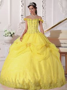 Hand Made Flowers Off the Shoulder Dress Quinceanera in Yellow