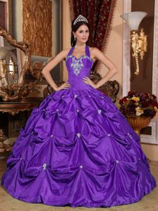 Halter Top Appliques Dresses Quinceanera with Pick-ups in Purple