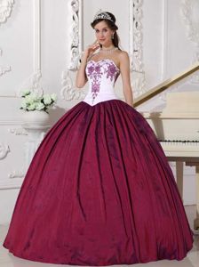Traditional White and Wine Red Dress for Quince with Embroidery