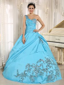Latest Beading Ruche One Shoulder Dress for Quince in Aqua Blue