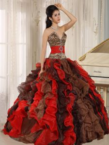 Zebra Printing Strapless Red Organza Sweet 16 Dresses with Ruffles
