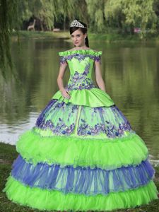 Colorful Off the Shoulder Appliques Quinceanera Gown in Organza