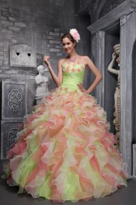 Lovely Strapless Ruffles Dress for Quince with Floral Embellishment