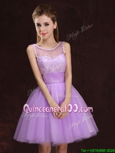 New Style Lilac A-line Tulle Scoop Sleeveless Lace and Ruching Mini Length Lace Up Quinceanera Court of Honor Dress