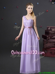 Clearance One Shoulder Lavender Lace Up Quinceanera Court of Honor Dress Lace and Appliques and Belt Sleeveless Floor Length