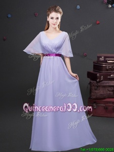 Deluxe Floor Length Lavender Quinceanera Dama Dress V-neck Half Sleeves Zipper