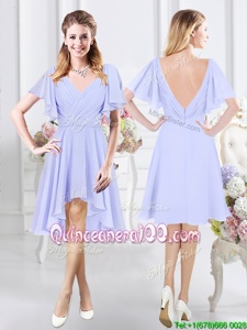 Romantic Lavender Short Sleeves Chiffon Zipper Vestidos de Damas forProm and Party and Wedding Party