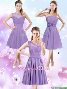 High End Scoop Knee Length Zipper Court Dresses for Sweet 16 Lavender and In forProm and Party and Wedding Party withLace and Ruching and Hand Made Flower