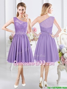 Eye-catching One Shoulder Lace Court Dresses for Sweet 16 Lavender Side Zipper Sleeveless Knee Length