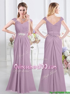 Cute Lavender Column/Sheath Sweetheart Cap Sleeves Chiffon Floor Length Zipper Beading and Ruching Vestidos de Damas