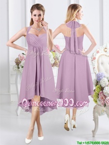 Lovely Halter Top Lavender Sleeveless Ruching Knee Length Court Dresses for Sweet 16