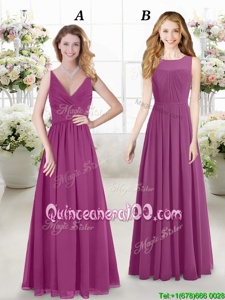 Edgy Fuchsia Sleeveless Ruching Floor Length Dama Dress for Quinceanera