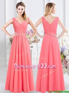 Dynamic Floor Length Empire Sleeveless Watermelon Red Dama Dress for Quinceanera Zipper