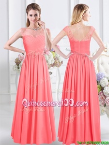 Glorious Scoop Watermelon Red Cap Sleeves Floor Length Lace and Ruching Zipper Dama Dress for Quinceanera