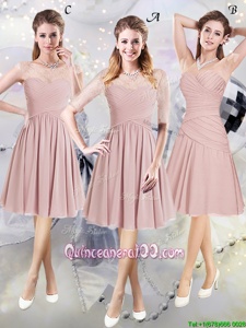 Romantic Scoop Half Sleeves Vestidos de Damas Knee Length Lace and Ruching Pink Chiffon