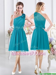 Stylish One Shoulder Teal Empire Ruffles and Ruching Court Dresses for Sweet 16 Side Zipper Chiffon Sleeveless Knee Length