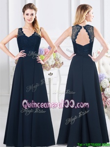 Captivating Navy Blue Sleeveless Floor Length Lace and Ruching Backless Quinceanera Court Dresses
