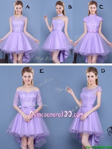 Sophisticated Lavender A-line Taffeta and Tulle Sweetheart Sleeveless Lace and Bowknot High Low Lace Up Dama Dress for Quinceanera