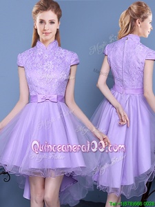 Fitting Lavender A-line High-neck Short Sleeves Taffeta and Tulle High Low Zipper Lace and Bowknot Damas Dress