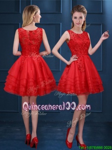 Fantastic Scoop Sleeveless Mini Length Lace and Ruffled Layers Zipper Dama Dress for Quinceanera with Red