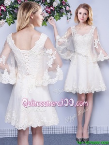 Pretty White Scoop Lace Up Lace Damas Dress 3|4 Length Sleeve