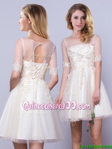 Champagne A-line Scoop Half Sleeves Tulle Mini Length Lace Up Appliques Quinceanera Dama Dress