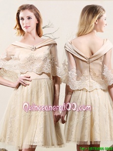 Cheap Mini Length Champagne Dama Dress for Quinceanera Tulle and Lace Sleeveless Spring and Summer and Fall Lace