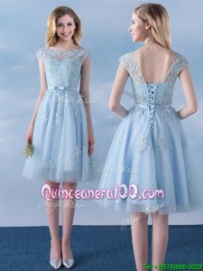 Scoop Cap Sleeves Lace Up Knee Length Appliques and Belt Quinceanera Court of Honor Dress