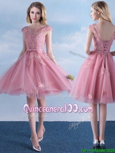 Superior Scoop Spring and Summer and Fall Tulle Cap Sleeves Knee Length Quinceanera Court Dresses andAppliques and Belt