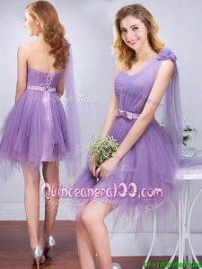 Fabulous One Shoulder Lavender A-line Ruffles and Ruching and Belt and Hand Made Flower Quinceanera Dama Dress Lace Up Tulle Sleeveless Mini Length