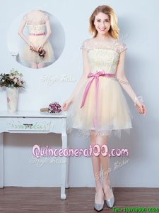 Designer Champagne Tulle Lace Up Scoop Short Sleeves Mini Length Dama Dress for Quinceanera Lace and Appliques and Ruffles and Bowknot