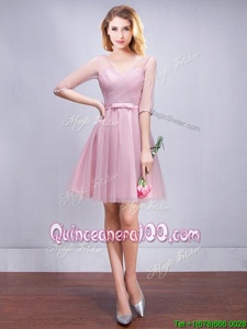 Best Pink Lace Up Vestidos de Damas Ruching and Bowknot Half Sleeves Mini Length