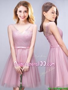 Decent Sleeveless Tulle Mini Length Lace Up Dama Dress inPink forSpring and Summer and Fall withRuching and Bowknot