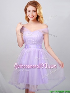 Custom Fit Lavender Off The Shoulder Lace Up Lace and Appliques and Belt Damas Dress Short Sleeves