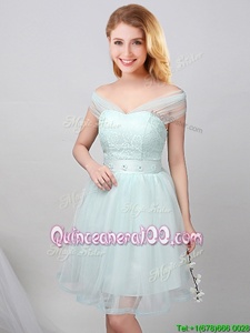 High Quality Apple Green Quinceanera Court of Honor Dress Prom and Party and Wedding Party and For withLace and Appliques and Belt Off The Shoulder Short Sleeves Lace Up